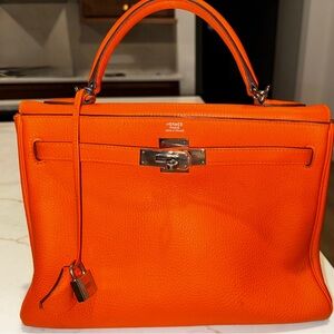 Kelly Handbag Orange H Clemence with Palladium Hardware